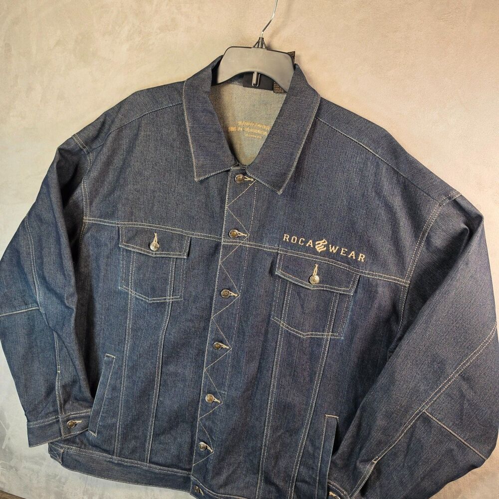 VTG Y2K Rocawear Denim Trucker Jacket Mens 3XL Dark Wash Baggy Hip Hop Jay Z 3XL